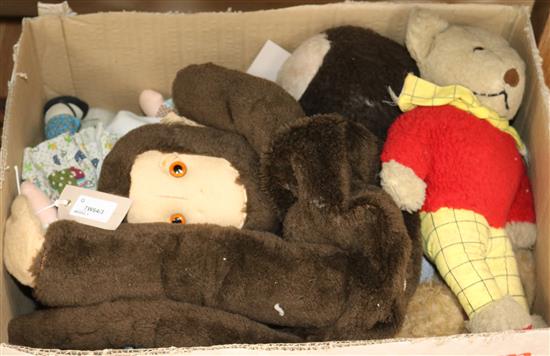 A monkey pyjama case, two Knickerbocker Toy Co. Hobbie dolls, various soft toys, inc elephant, panda, teddies, Rupert Bear, etc.